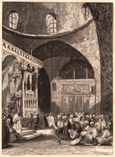Rabino y congregación en una sinagoga en Jerusalén de Unknown