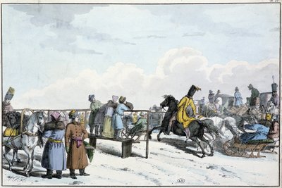 Carrera de tanques y caballos en Rusia - grabado de Unknown artist