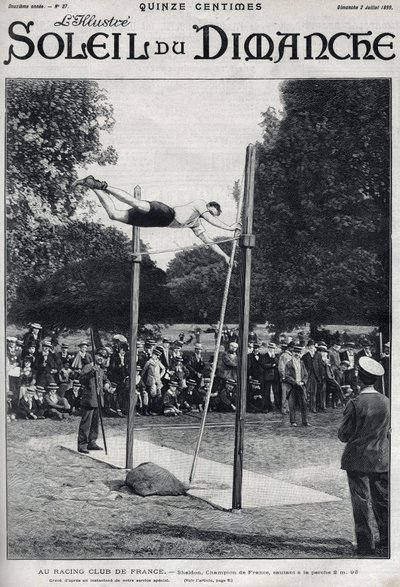 Club de carreras de Francia. Sheldon, campeón de Francia, salta 2,95 m en salto con pértiga. Grabado en "Le sun-du-dimanche", 2 de julio de Unknown artist