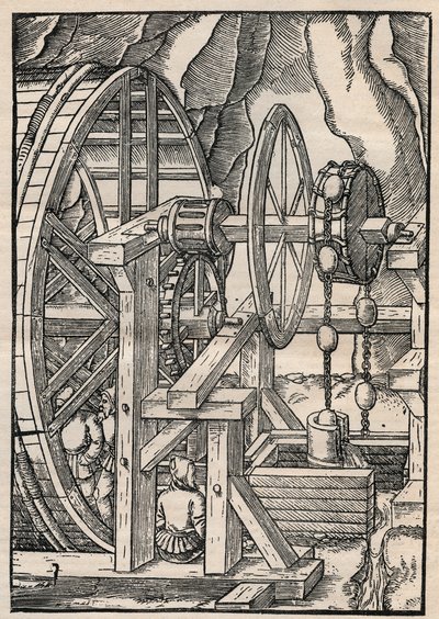Bomba de trapo y cadena para drenar una mina operada por hombres en una rueda de molino. De Agricola (George Bauer) De re metallica, Basilea de Unknown artist