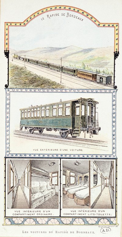 Ferrocarriles de Orléans: vistas exteriores e interiores de los coches rápidos de Burdeos de Unknown artist