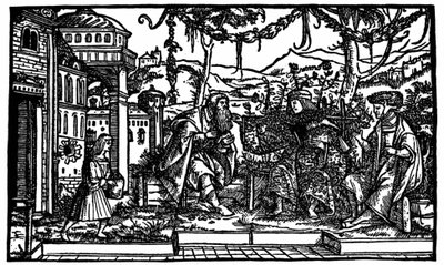 Raphaël Hythlodée, un viajero que pasó cinco años en Utopía, cuenta a Thomas More y Pierre Gilles sobre su viaje. Xilografía publicada en la edición de “Utopía” de Thomas More (1478 - 1535) de 1516. de Unknown artist