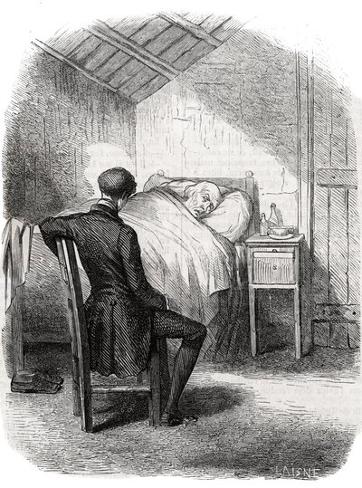 Rastignac permaneció solo cerca del anciano, sentado al pie de la cama... Grabado de mediados del siglo XIX. Ilustración para “El padre Goriot” de Honoré de Balzac (1799-1850). de Unknown artist