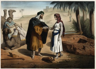 Rebeca y Eliezer en el pozo: Eliezer de Damasco, encargado de encontrar una esposa para Isaac en Mesopotamia, trae de vuelta a Rebeca. Grabado anónimo del siglo XIX de Unknown artist