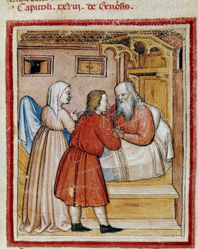 Rebeca lleva a su hijo Jacob, a quien su hermano Esaú amenaza con matar, frente a su esposo Isaac para recibir su bendición Miniatura del códice 212 (o padovano o Biblia de Padua) 1390-1400 de Unknown artist
