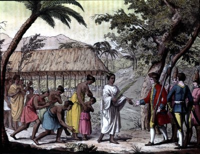 Recepción del navegante Samuel Wallis por la Reina Oberea en Tahití. “Navegaciones de Cook”, Milán de Unknown artist