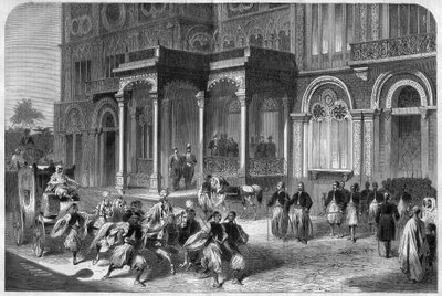 Recepción por el Vice Rey de Egipto Ismail Pasha (1830-1895), del Cónsul General de la Confederación de Alemania del Norte. Grabado en 
