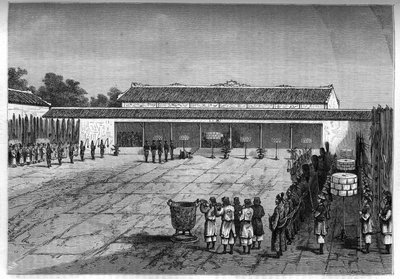 Recepción del plenipotenciario francés en Hue por el Rey de Annam. Grabado en “Le journal de la jeunesse” de Unknown artist