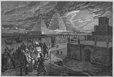 Reconstrucción de los templos y palacios a lo largo del río de Babilonia - Mesopotamia: reconstrucción de la ciudad de Babilonia, construida bajo el reinado del rey Nabucodonosor II de Unknown artist