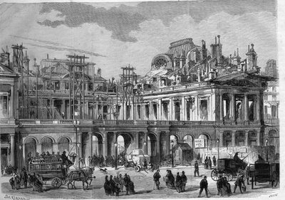 Obras de reconstrucción del Palacio Real en París. Grabado en 