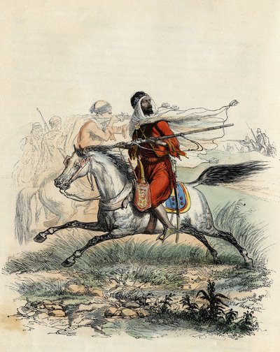 Jinetes rojos del Emir Abd-el-Kader perseguidos por cazadores a caballo del ejército francés en Orán en 1841, en “L