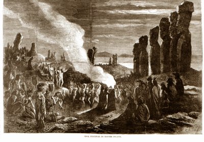 Ceremonia religiosa en la Isla de Pascua (Rapa Nui), Polinesia. Grabado del siglo XIX. de Unknown artist