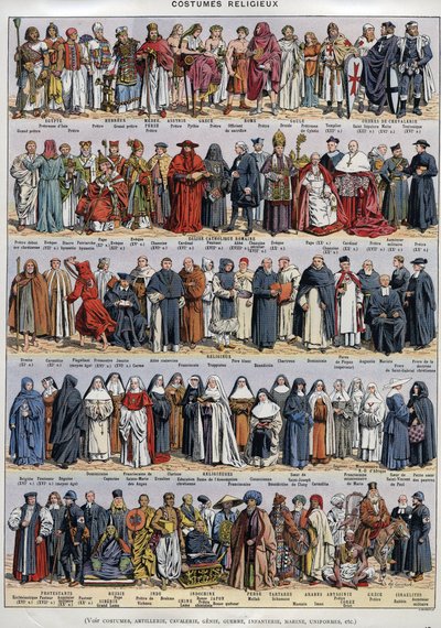 Traje religioso - de la Antigüedad al siglo XX - Iglesia católica romana y otras religiones - Religioso - Plate du Larousse universal hacia 1920 de Unknown Artist