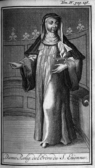 Orden religiosa. Dama religiosa de la Orden de San Esteban en Toscana en el siglo XVI. En Historia de órdenes militares o caballeros, de las milicias seguras y rutinarias de ambos sexos, que se han establecido hasta ahora. Edición tomada de Abbe Giustinian de Unknown artist
