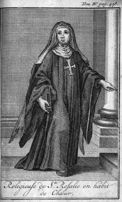 Orden religiosa. Religiosas de Santa Rosalía en vestimenta coral en Palermo en Sicilia en el siglo XVII. En “Historia de las órdenes militares o caballeros, de las milicias seguras y rutinarias de ambos sexos, que se han establecido hasta ahora. Edición to de Unknown artist