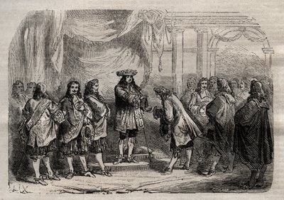 René Duguay Trouin (Duguay-Trouin) (René Trouin du Gué dit) (1673-1736) recibiendo la cruz de San Luis de manos del rey Luis XIV - grabado en Dictionnaire populaire illustrious - 1864 - por Joseph Decembre y Edmond Allonier de Unknown artist