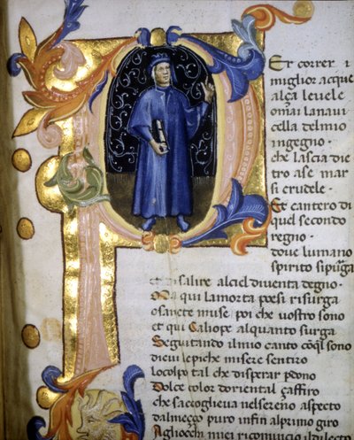 Representación en una letra capital del poeta Dante Alighieri (1265 - 1321), miniatura del siglo XIV. de Unknown artist
