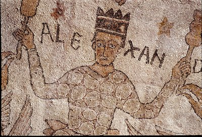 Representación de Alejandro Magno (356-323 a.C.), Rey de Macedonia y conquistador de Persia, rodeado de fauna india durante la conquista de India. Pavimento de Pantaleone de Unknown artist