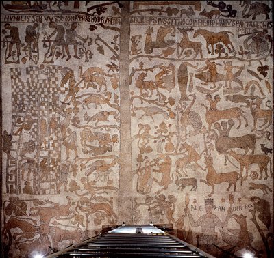 Representación de Alejandro Magno (356-323 a.C.), rey de Macedonia y conquistador de Persia, rodeado de fauna india durante la conquista de la India y el diluvio helenístico a la derecha, a la izquierda la construcción de la Torre de Babel de Unknown artist