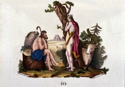 Representación de Argos e Io, transformada en vaca por Mercurio. Lámina del “Diccionario de mitología” 1888 de Unknown artist