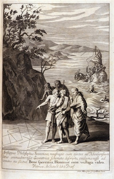 Representación de Aristipo de Cirene (435-356 a.C.) filósofo griego discípulo de Sócrates, después del naufragio que lo arrojó a la costa de Rodas, descubre trazos geométricos en la arena. Grabado del Libro XV de los "Elementos" de Euclides. 1591 de Unknown artist