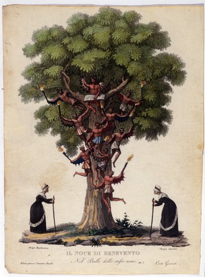 Representación del nogal de Benevento, brujas y demonios de la leyenda que inspiró el ballet “Il noce di Benevento” del compositor austríaco Franz Xaver Sussmayr (1766-1803). Ilustración del siglo XIX de Unknown artist