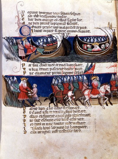 Representación de Carlomagno (742-814) durante sus conquistas: navega en un barco y guía a sus ejércitos. Miniatura del manuscrito franco-italiano 