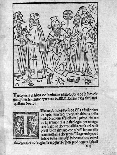 Representación de Diógenes Laercio (120-240) (centro) rodeado de varios pensadores y filósofos. Página tomada de “Vidas, doctrinas y sentencias de filósofos ilustres” (Vitae Philosophorum) por el poeta e historiador Diógenes Laercio (120-240) 1495 de Unknown artist