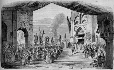 Representación de Don Carlo (Don Carlos) Ópera en 5 actos de Giuseppe Verdi en la Ópera de París el 11 de marzo de 1867. El auto de fe, 3er acto, decorado de Cambon y Thierry. Grabado de 1867. de Unknown artist