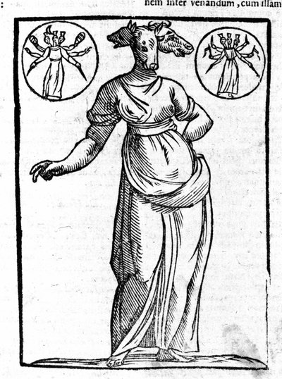Representación de Hécate, deidad maligna griega, que se erigía en las encrucijadas, usualmente tenía tres cabezas. Grabado del siglo XVII. de Unknown artist