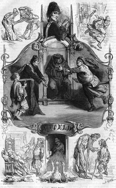 Representación del Maestro Patelin, famoso por la “Farsa del Maestro Patelin”, que cuenta las desventuras de un abogado y su cliente pastor. Grabado del siglo XIX de Unknown artist