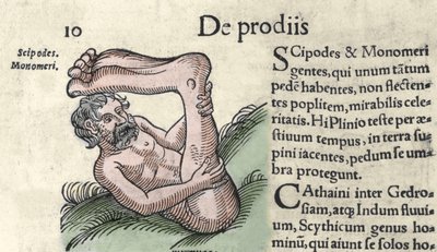 Representación de un monstruo Sciapod. Grabado de "El libro de Prodigiorum ac ostentorum Chronicon Basileae" de Wolfhart (Conrad Lycosthene) 1557 de Unknown artist