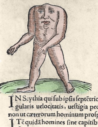 Representación de un miembro de la tribu Blemmyi en Nubia, descrito sin cabeza, sin cuello y con la cara en el tronco según Plinio el Viejo. Grabado de “Prodigiorum ac ostentorum chronicon” de Conrad Lycosthenes (1518-1561). 1557. de Unknown artist