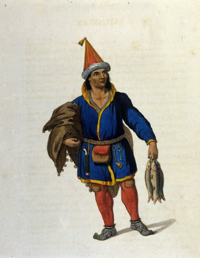 Representación de un indígena Sami (que vive en los territorios de Noruega, Suecia, Rusia, Finlandia) regresando de pescar. Grabado del siglo XIX de Unknown artist