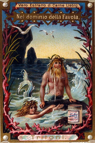Representación de tritones, criaturas legendarias mitad hombre mitad pez. Cromolitografía del siglo XIX de Unknown artist