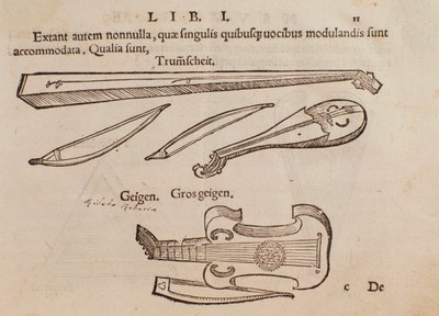 Representación de instrumentos de cuerda y arquero. Página tomada del manual práctico de música Musurgia de Unknown artist