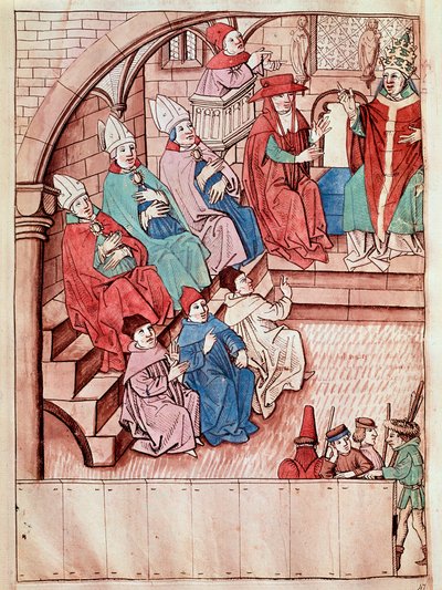 Representación del Concilio de Constanza entre 1414 y 1418, en la parte superior el Papa Martín V Miniatura tomada de “Crónicas del Concilio de Constanza” por Ulrich Richental (1360-1437) aproximadamente 1438 Praga, Nati de Unknown artist