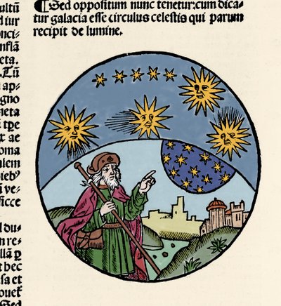 Representación del filósofo griego Aristóteles (384-322 a.C.) indicando las estrellas. Grabado del tratado de física “Textus abbreviatus Aristotelis super octo liris Phisicorum & tota naturalis philosophia” de Thomas Bricot (d. 1516). 1496 de Unknown artist