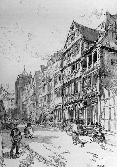 Representación de la Calle Judía en Frankfurt, lugar de nacimiento de la familia Rothschild. Grabado en "El Mundo Ilustre" de Unknown artist