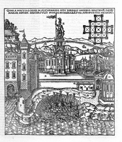Representación de las Siete Maravillas de la Antigüedad: el Mausoleo de Halicarnaso que se encontraba en el Mar Egeo en el suroeste de Turquía. Grabado en “De Architectura” de Vitruvio (siglo I a.C.) - edición de Gottardo da Ponte, Como de Unknown artist