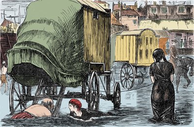 Representación de la cabina de baño inventada en 1750 por Benjamine Beale: las mujeres dentro acceden al mar directamente desde este carro tirado por caballos. Dibujo humorístico de Punch Magazine 1870 de Unknown artist