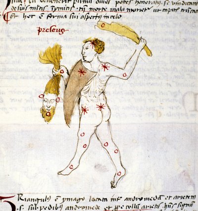 Representación de la constelación de Boyero (Bootes). El cazador Bootes sostiene el cabello de Berenice en su mano. Miniatura de “Astronomica” por Biasino da Parma (Blaise de Parma) (1425-1457) de Unknown artist
