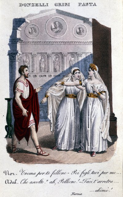 Representación de los intérpretes de la primera representación de "La Norma" de Vincenzo Bellini (1801 - 1835): de izquierda a derecha Domenico Donzelli (Pollione), Giuditta Grisi (Adalgisa) y Giuditta Pasta (Norma). 1833. de Unknown artist