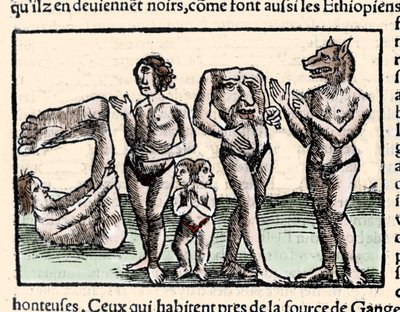 Representación de los monstruos descritos por Américo Vespucio (1451-1512): de izquierda a derecha: un monopodo, un cíclope, un hombre con dos cabezas, un hombre sin cabeza y un hombre con cabeza de perro o cinocefalo. Xilografía tomada de “Universal... de Unknown artist