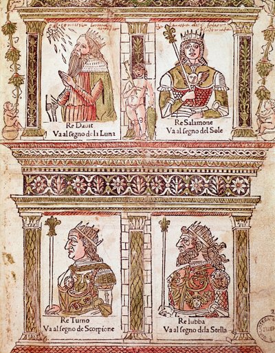 Representación de la página de los Reyes: Rey David, Rey Salomón, Rey Turno y Rey Lubba (Página de los reyes) de Unknown artist
