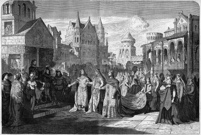 Representación de la ópera romántica "Lohengrin" de Richard Wagner (1813-1883), acto II última escena, en el Teatro Real de Múnich, Alemania. Grabado en "El Universo Ilustre" de Unknown artist