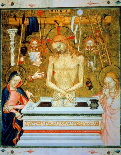 Resurrección de Cristo: Cristo saliendo de la tumba entre la Virgen y San Juan con los instrumentos de la pasión (escalera, cuerdas, venda, gallo, luna, látigo, linterna, corona de espinas, juego, columna, túnica, sol, mano, clavo). Miniatura de un Fran de Unknown artist
