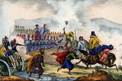 Retirada de los árabes frente al cuadro formado por el ejército francés de África en Constantina en 1837. En “Storia d