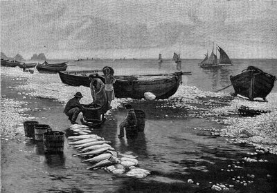 Regreso de los pescadores en la playa de Belle Isle (Belle-Isle) en Bretaña. Grabado en “Le Journal de la jeunesse”. de Unknown artist