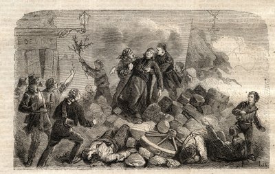 Revolución 1848: "El Arzobispo Monseñor Denis Affre (1793-1848) en la Barricada Faubourg Saint Antoine en París 26/06/1848 (Do o mon dieu que mon sang soit le dernier verse) (Muerte de Denis Affre Arzobispo de París en la barricada a la entrada de t de Unknown artist